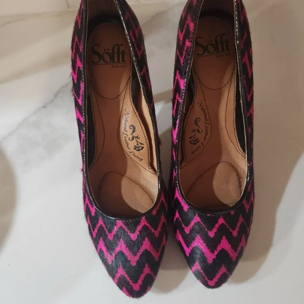 Sofft‎ Pink Black Chevron Calf Hair Pointed Toe Pumps Stiletto Heels